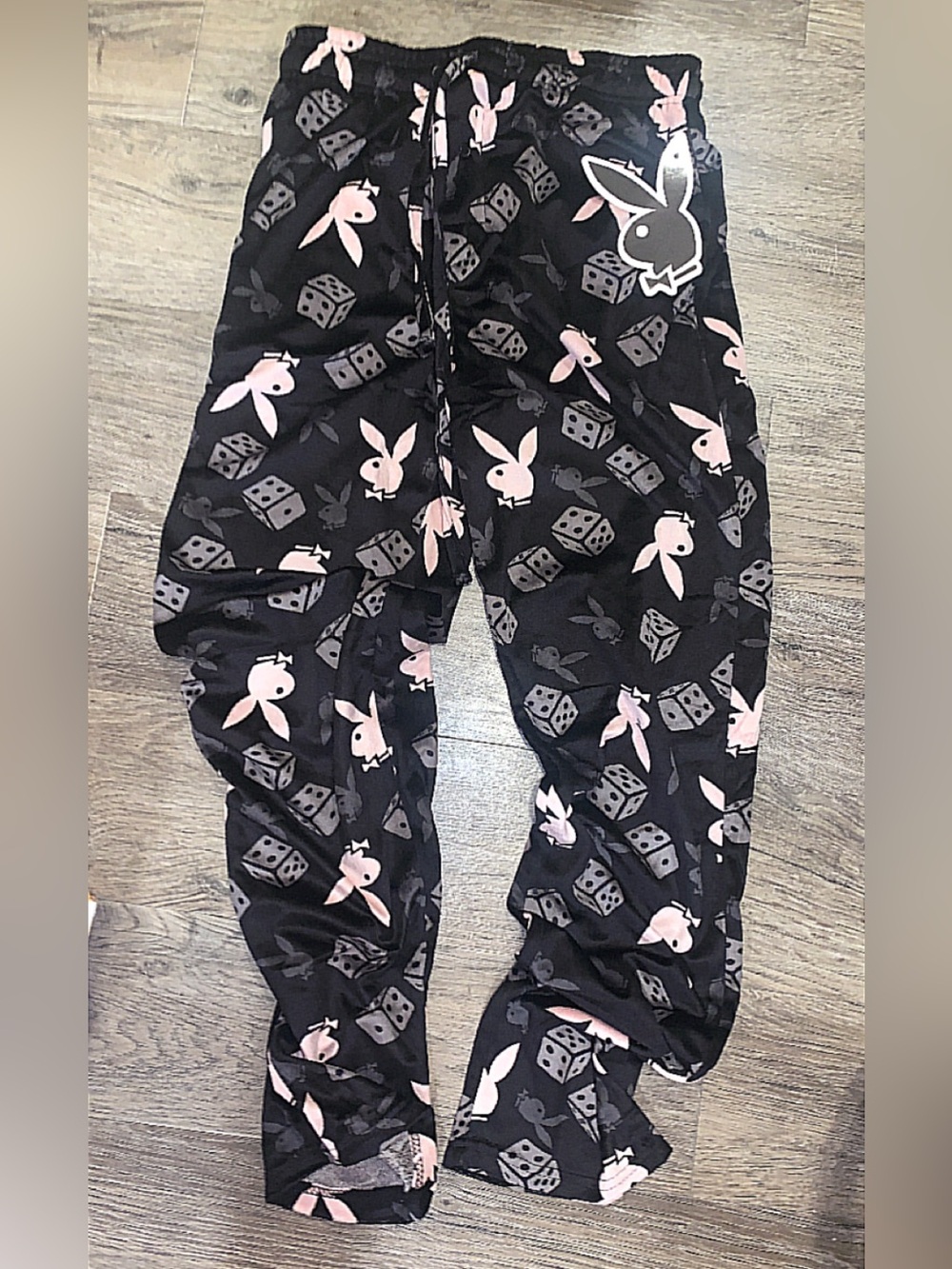 PLAYBOY Black Lounge Pants with Pink Bunny and Gray Dice Print